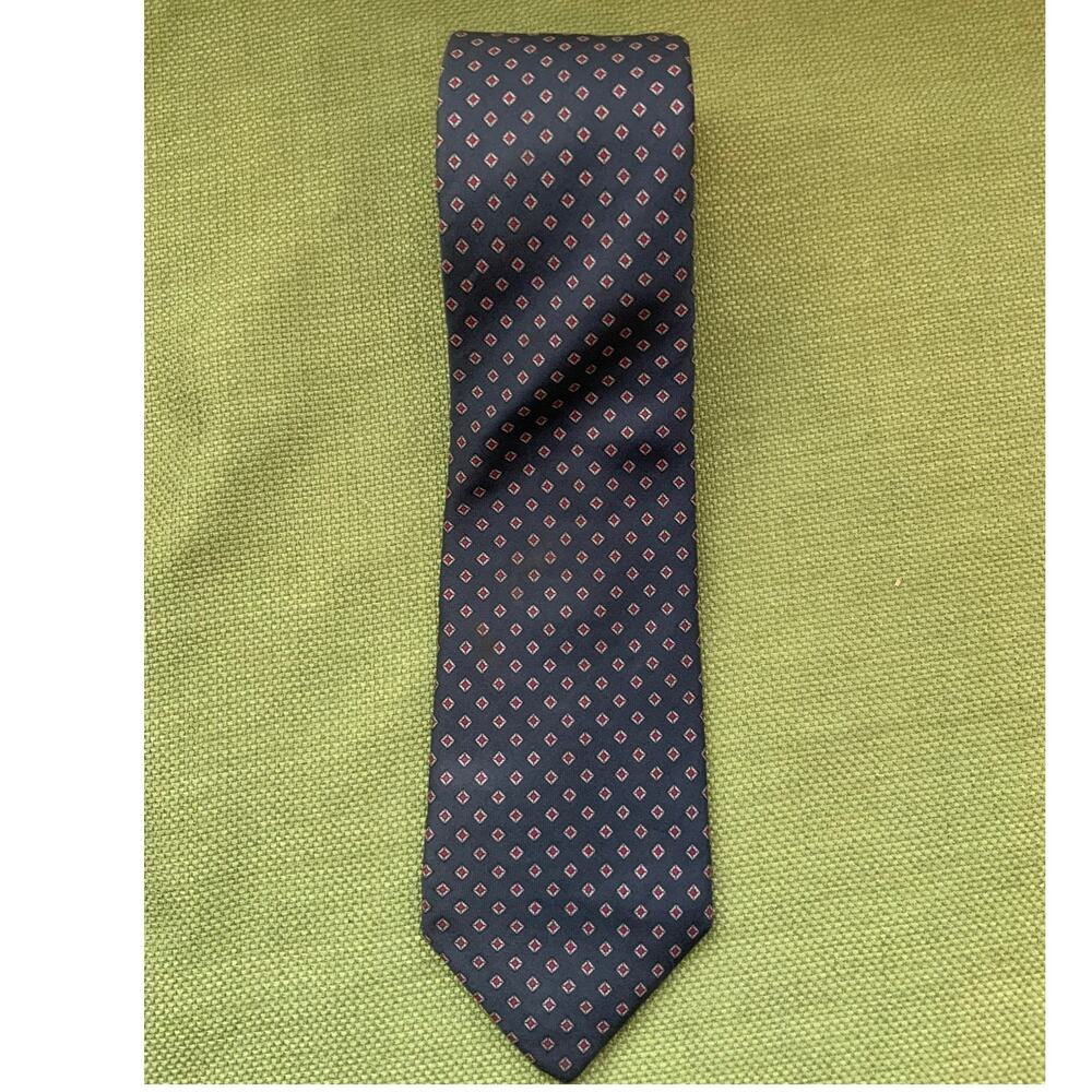 Vintage Yves Saint Laurent YSL Silk Necktie Navy Blue Red Accent Geometric Tie
